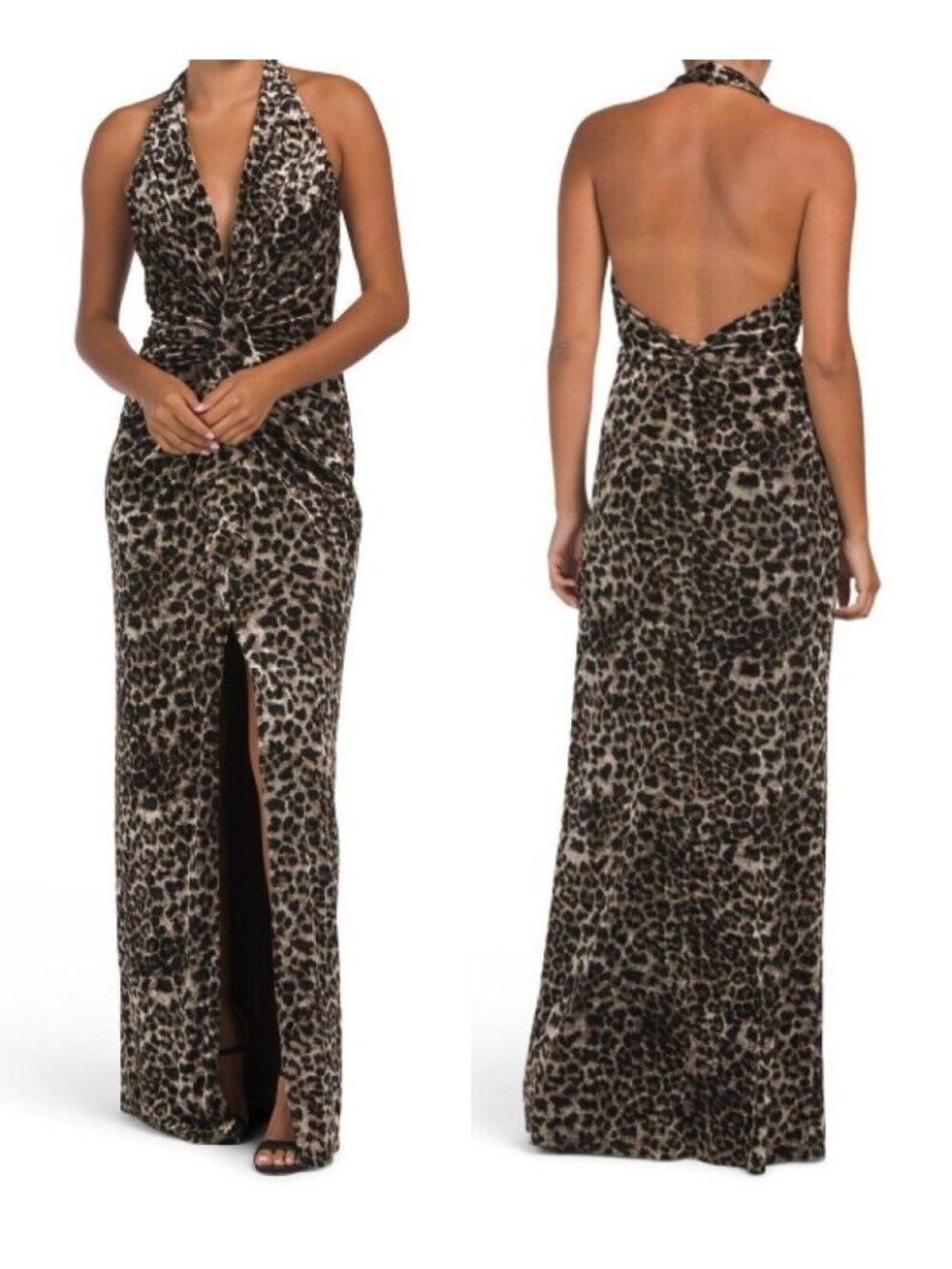 Tadashi Shoji Leopard Print Halter Maxi Dress in Black and Brown